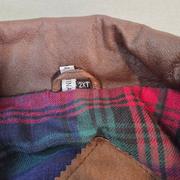 Burk’s Bay Brown Leather Car Coat Jacket 2XT Tall Plaid Lined Men’s Patch - Picture 5 of 10